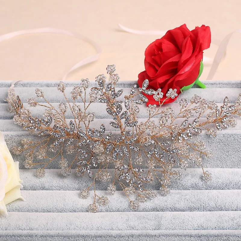 

Jonnafe Luxury Gold Beaded Crystal Wedding Tiara Handmade Bridal Hair Vine Headband Women Accessories Headpiece