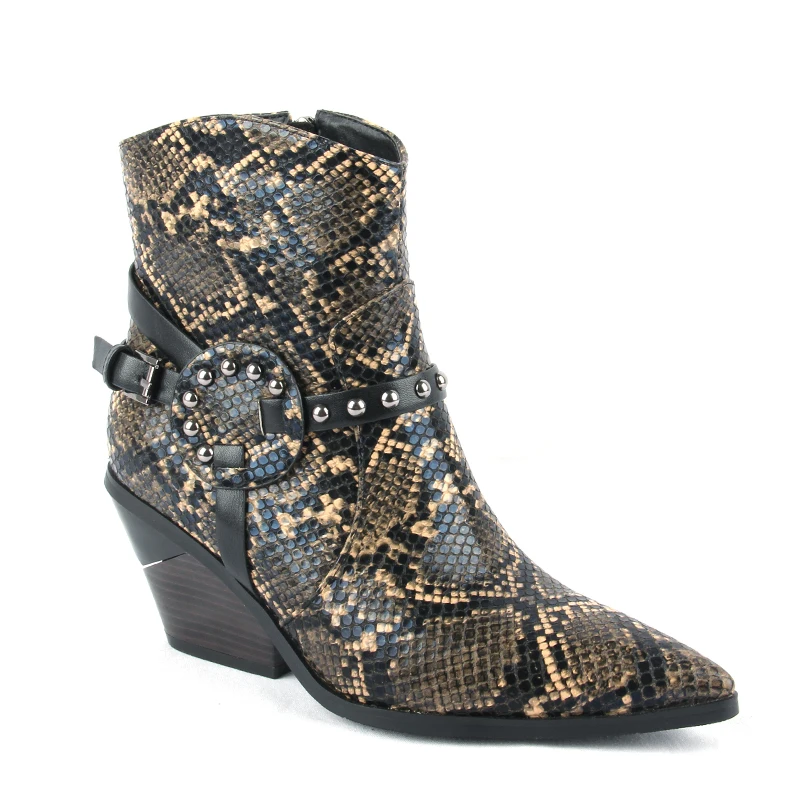 OIAH/ботильоны из змеиной кожи; женские ботинки на танкетке с острым носком и заклепками; женские модные ковбойские ботинки; обувь на молнии; женская обувь; botines mujer