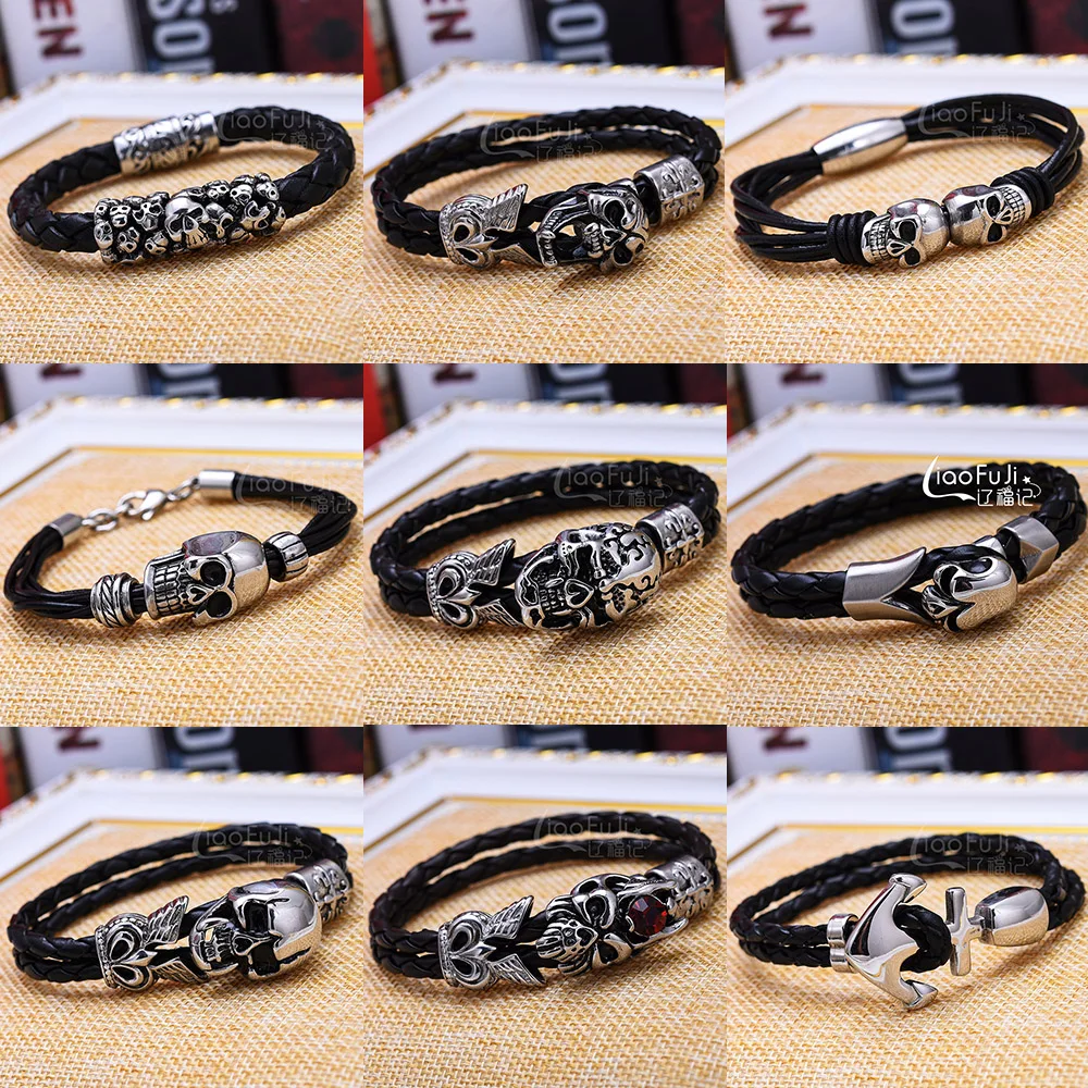 

Fashion Men Bracelet Stainless Steel Skull Black Braided Rope Leather Chain Magnet Bracelets Punk Rock Style Bangle Jewelry