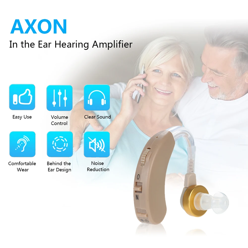 

AXON Digital Hearing Amplifier Personal Sound Enhancer Behind the Ear Tone Cheap Adjustable Hearing Aid 3 Size Silicone Earplugs