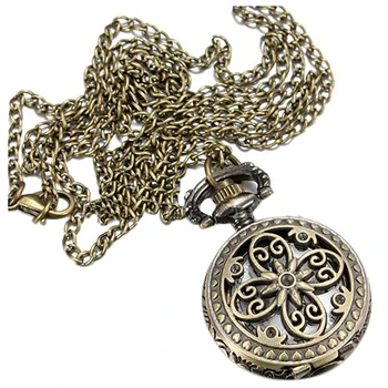 

Vintage Mens Lady Bronze Antique Pendant Necklace Chain Hollow Pocket Watch Gift Style:Four petals