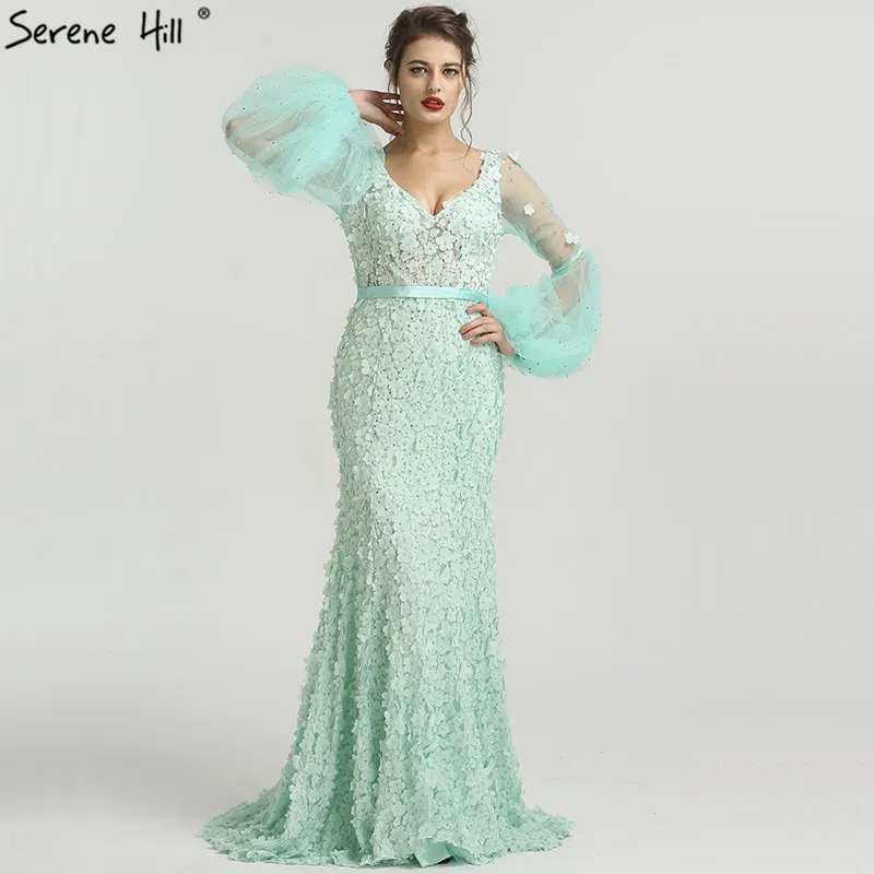 

V-Neck Long Sleeves New Mermaid Evening Dresses 2019 Flowers Pearls Sexy Fashion Formal Evening Gowns Serene Hill LA6514