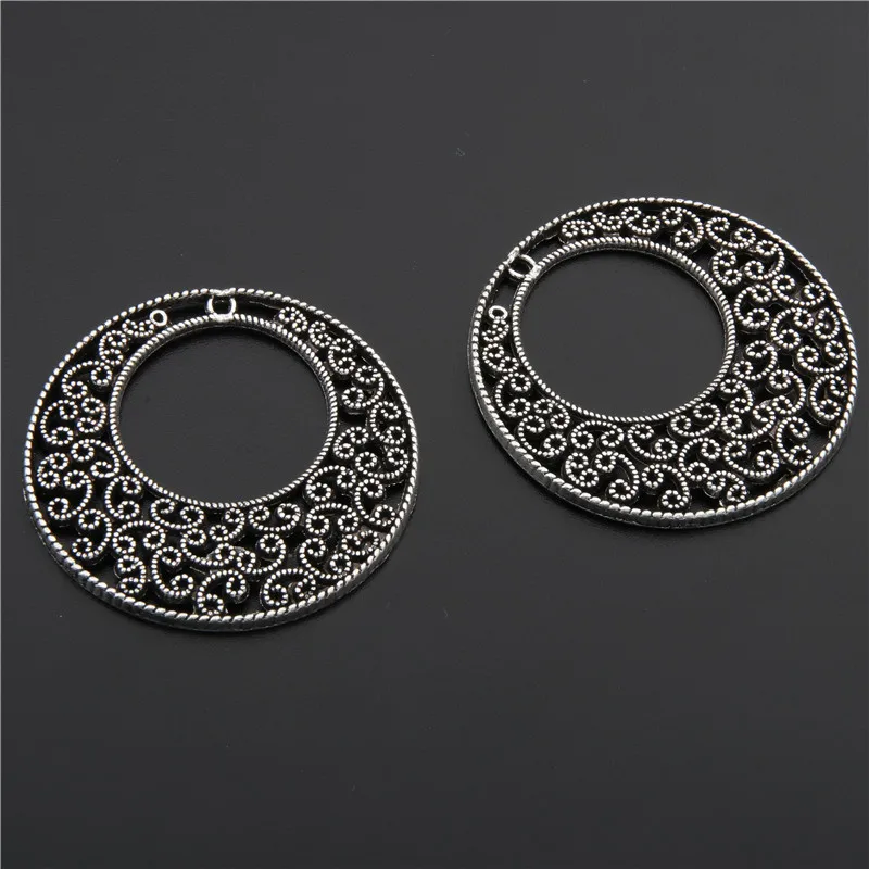 

5PCS Antique Silver Hollow Out Round Carved Flower Pendants DIY Charm Metal Beads A2710