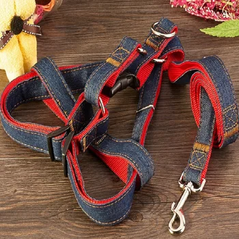 

New hot dog Leads harness leash Collars Adjustable jeans cloth red blue color for Medium Large dogs Pet Products Free shipping