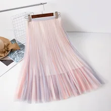 Женские летние сетчатые юбки с высокой талией, цветная Женская плиссированная юбка в стиле бохо, Faldas Jupe Femme, Женская Длинная Юбка Saia