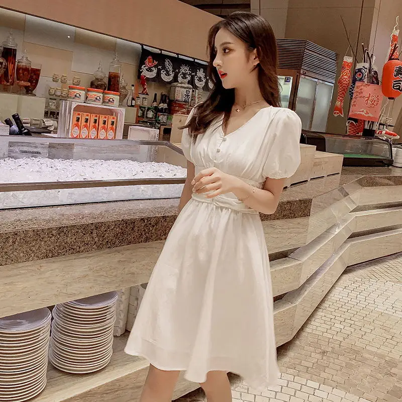 

2019 Summer Women Dresses V-neck Casual Holiday Short Sleeve Solid Black White Midi Chiffon Flare Dress For Women Female