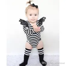 2016 New Toddler Baby Girls Stripes Fly Sleeve Rompers Fall Winter Cute Baby Clothing Wholesale
