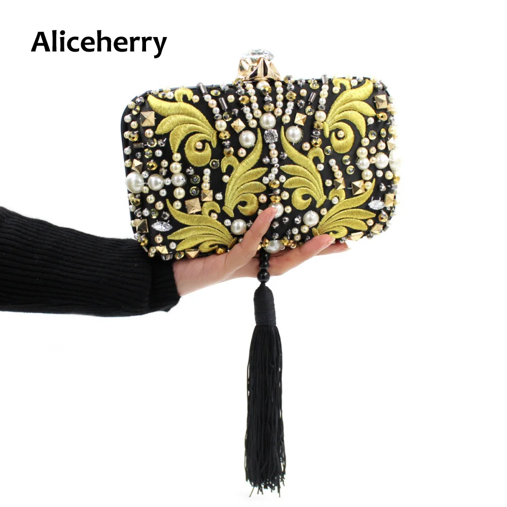 Luxury women clutch bag ladies diamond embroidery evening bag tassels wedding bridal girls chain handbags purse party phone bags