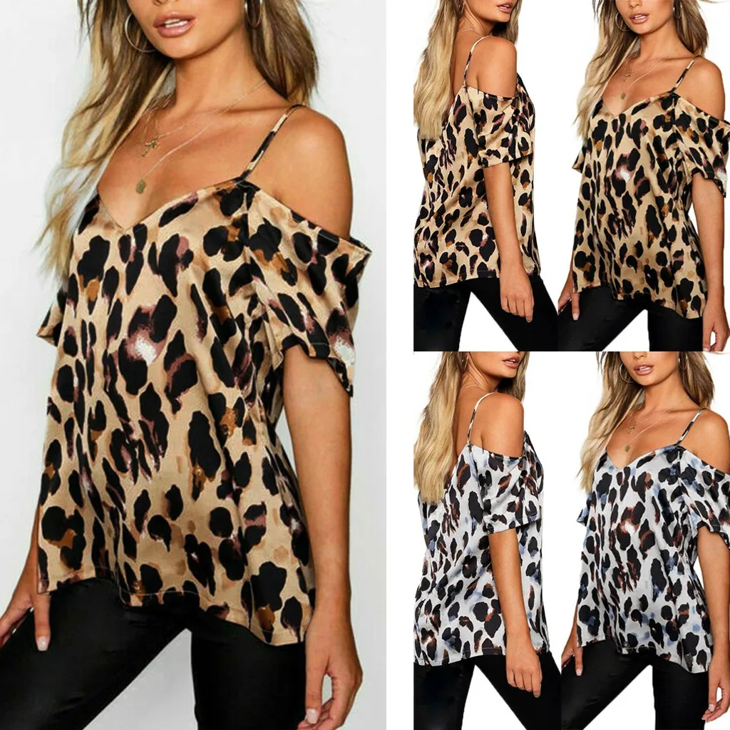 

2019 Fashion Women Plus Size Summer tshirt Leopard Print Cold Shoulder Tops t shirt Women Clothes(S-5XL)