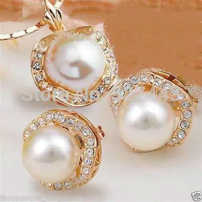 

Wholesale 18k gold GP crystal pearl necklace earrings jewelry set (A0513)