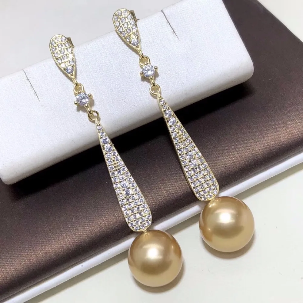 

Fashion Jewelry 925 sterling silver 9-10mm Golden Pearls Female Dangle Earrings