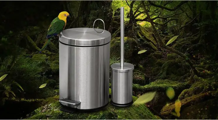 

304 Stainless Steel Circular Trash Can 8 Litre with Toilet Brush Toilet Brush Holder Set Trash Can Bathroom Toilet Brush Set