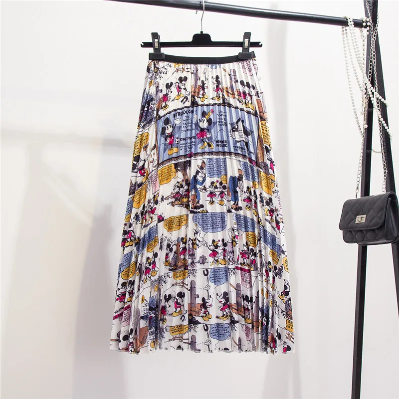 

Women Skirts New-Coming Summer Cartoon Printing Mid-Calf Pleated Skirt European High Street Style Empire Autumn Skirts Clothing
