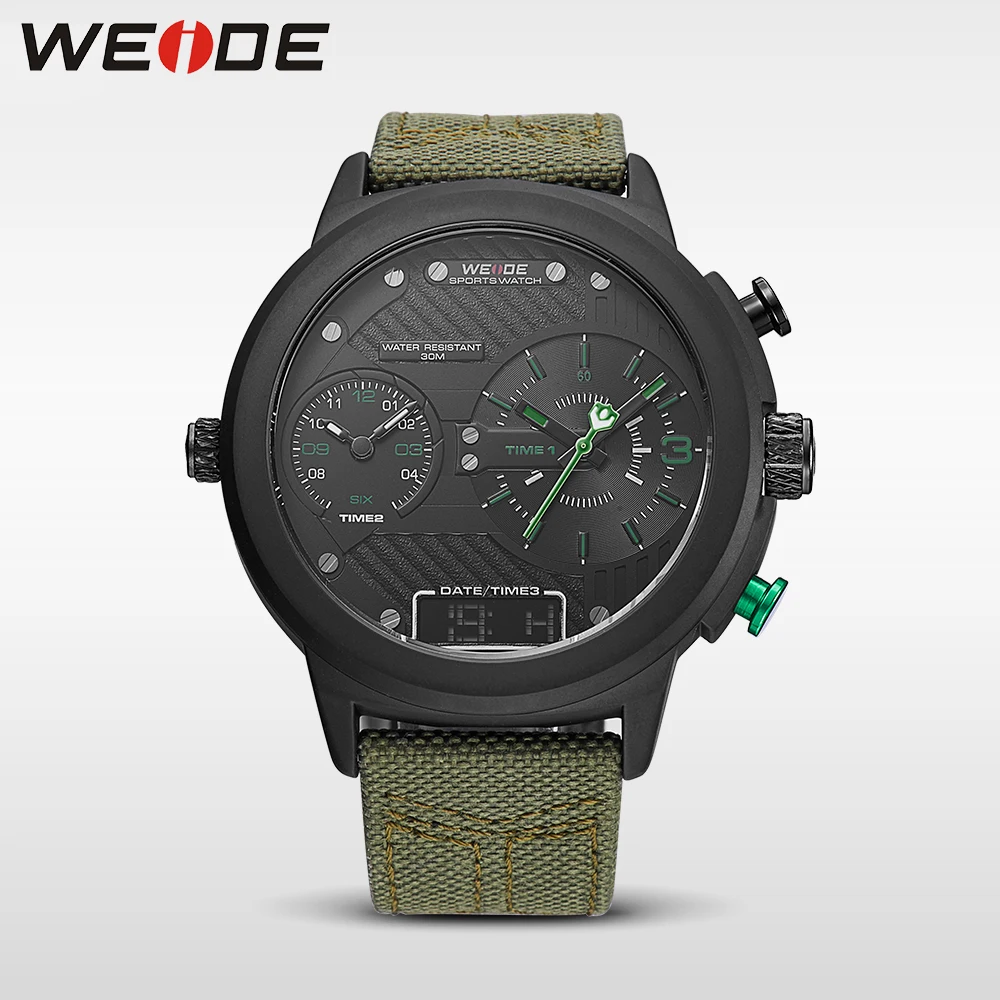 

WEIDE new genuine nylon Men's sports watches Date Display Three Time Zone wrist watch Army clock waterproof large dial ArmyGreen