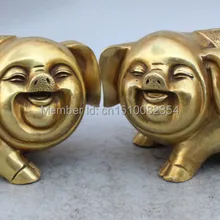 1" Китайский Бронзовый Богатство Деньги Счастье Foo Фу Свинья Свиней Животных Пара Скульптура