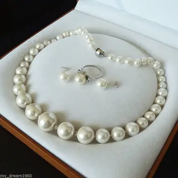 

Hot 8mm-16mm White south sea shell pearl ring earring and necklace set 5.23