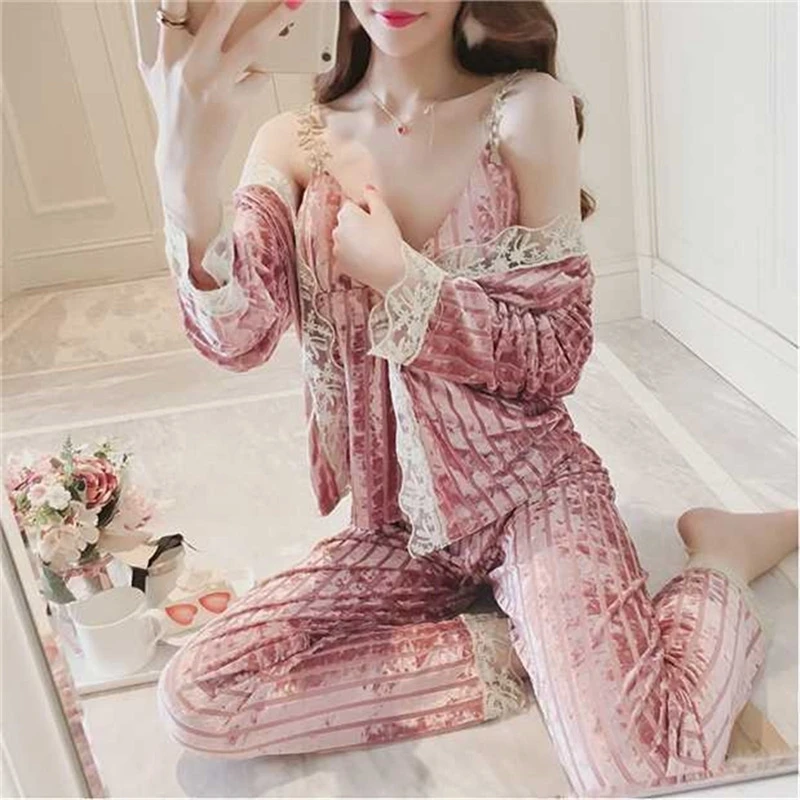 

Women pajamas three-piece velvet gold velvet pyjamas set autumn women's sleepwear nightwear ladies sling pajamas trousers robes