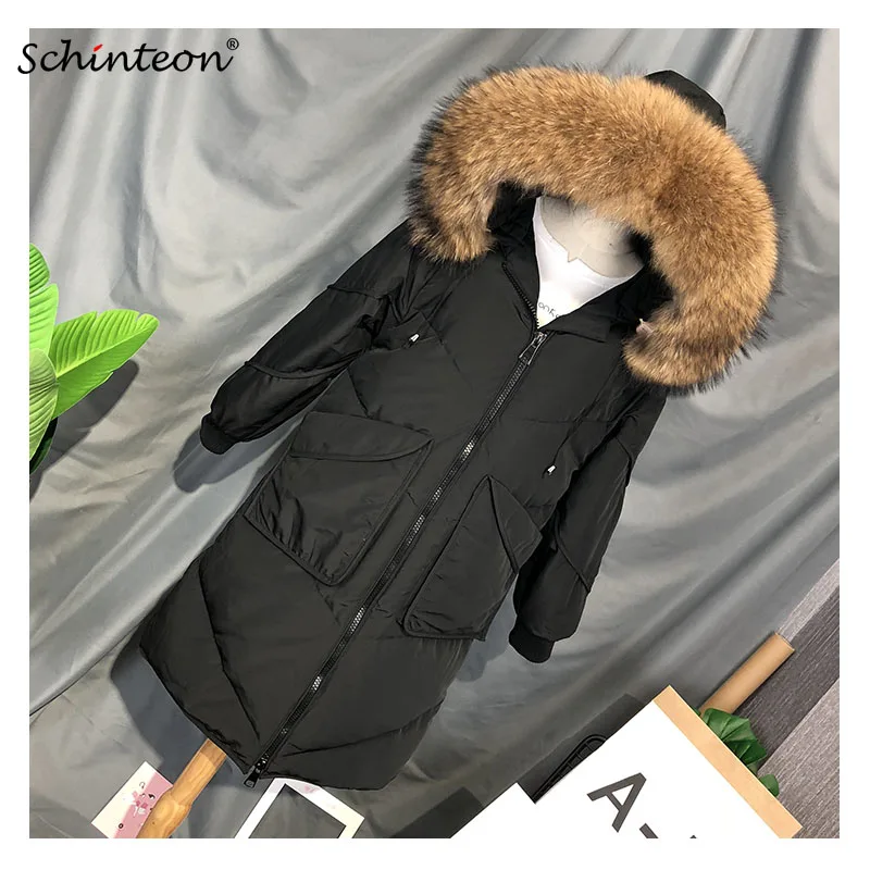 

2018 Schinteon Women Big Pocket Women Down Jacket Loose Winter Outwear with 100% Real Raccoon Fur Collar Hood Warm Coat