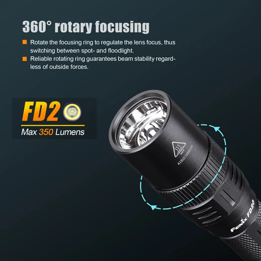 

Fenix FD20 zoom flashlight 360 degree rotation focus on portable 2*AA battery