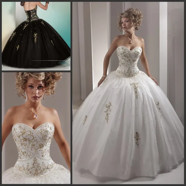 2017 Cheap White Ball Gown Prom Dresses with Gold Embroidery