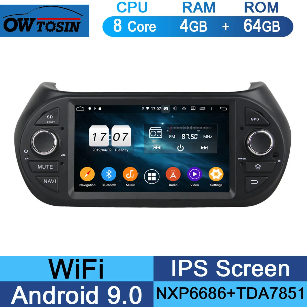 " ips 8Core 4G ram+ 64G rom Android 9,0 автомобильный dvd-плеер для Fiat Fiorino Qubo Citroen Nemo peugeot Bipper 2008- CarPlay Parrot - Цвет: 64G