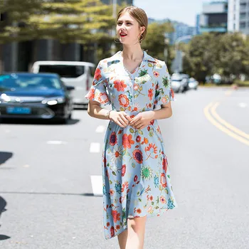 

Dress Summer Woman 2019 New V-Neck Floral Printed Flare Short Sleeves Slim Irregular Casual Dress Female Knee Length S-XL Blue