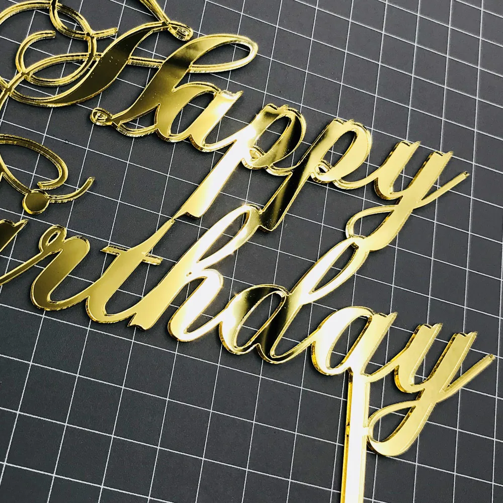 Mirror Gold Happy Birthday Cake Topper Decoration White Black Glod Silver Color Acrylic Cake Topper Stand Gift Supplies