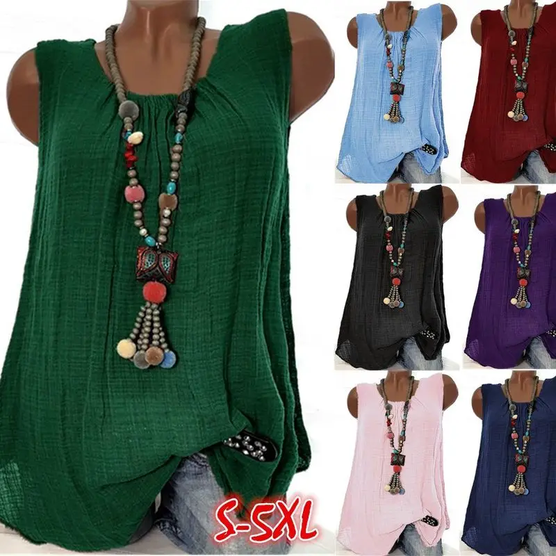

2019 summer new large size T-shirt casual round neck solid color sleeveless T-shirt 7 color 8 yards S-5XL