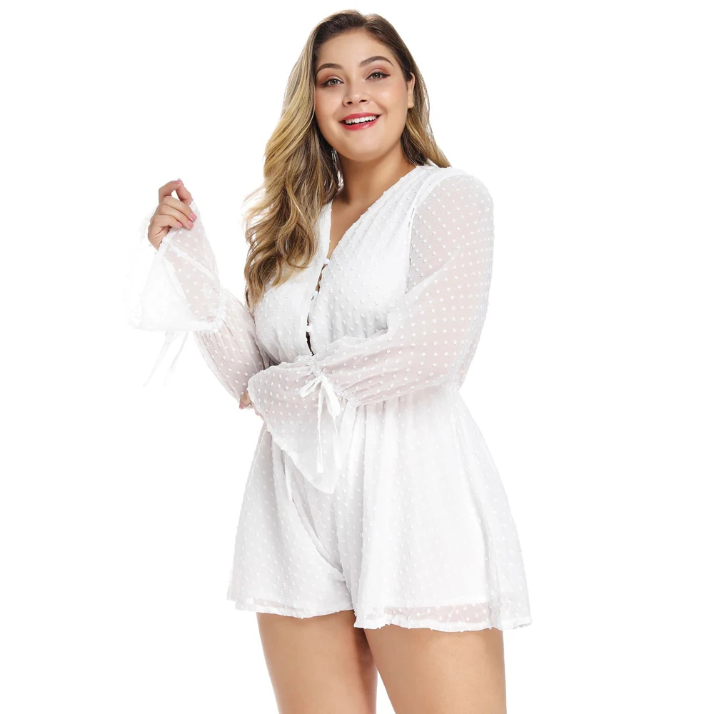 Plus Size XL-4XL Polka Dot Flare Long Sleeve Bohemian Playsuit Pink White Summer OverallsFor Women Lace Up Short Jumpsuit Romper Plus Size XL-4XL Polka Dot Flare Long Sleeve Bohemian Playsuit Pink White Summer OverallsFor Women Lace Up Short Jumpsuit Romper