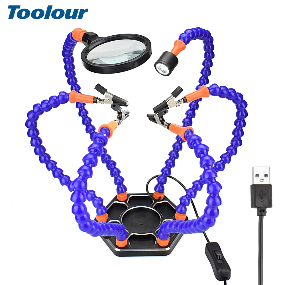 Toolour Soldering Station Soldering Iron Holder with 3X-5X Magnifier USB LED Light 6pcs Flexible Arms Third Helping Hands Tool Toolour Soldering Station Soldering Iron Holder with 3X-5X Magnifier USB LED Light 6pcs Flexible Arms Third Helping Hands Tool