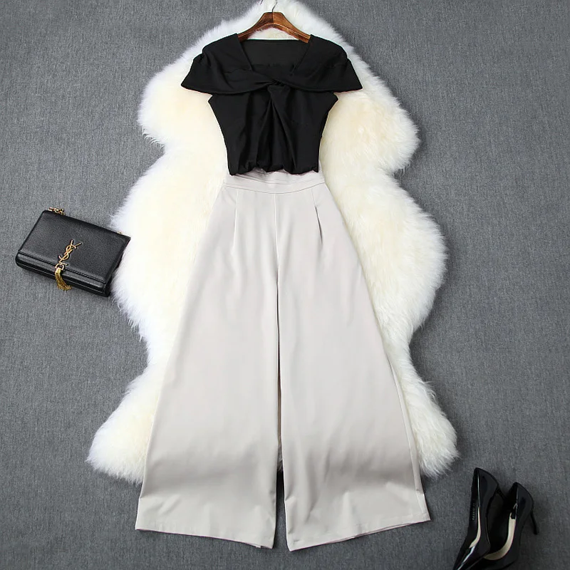 

Pant Set Women 2019 Spring Summer New Mesh Raglan Sleeves Twisted Black Top + Empire Waist Wide Leg Pants Fashion Two Piece Set