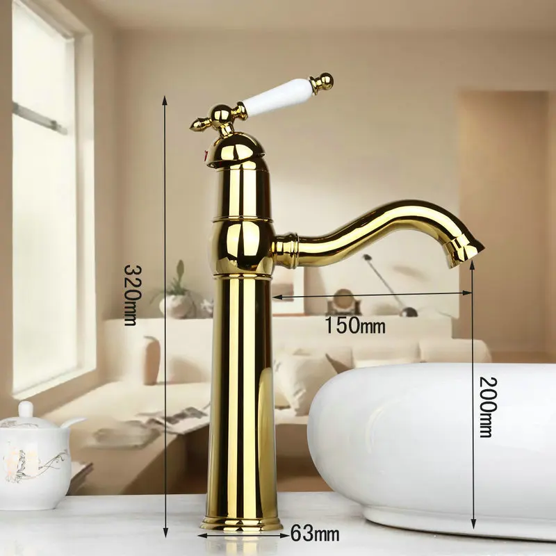 Позолоченный высокий Умывальник для ванной комнаты, белый керамический поворотный кран с одной ручкой и поворотным потоком, кухонный кран, смеситель - Цвет: Цвет: желтый