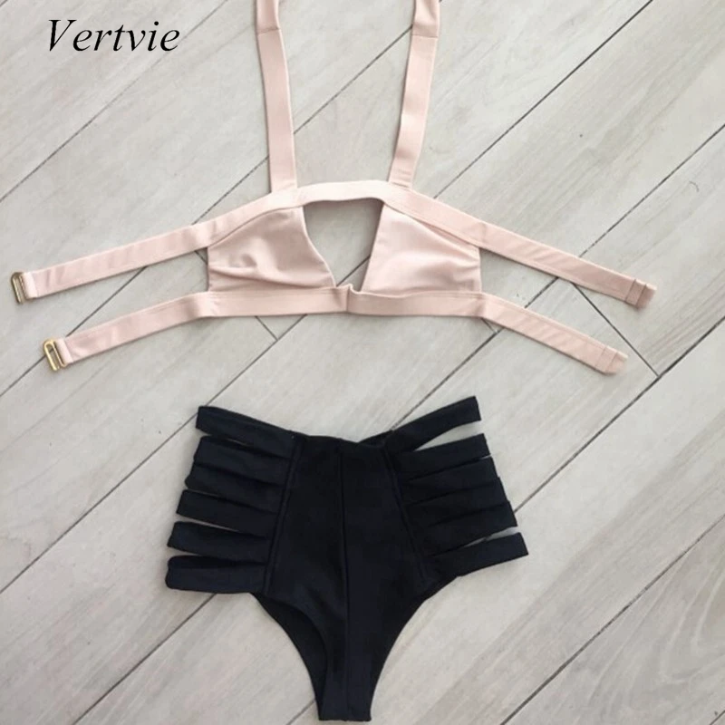 

Vertvie Women Sexy Bandage Hollow Out Bikinis Summer Beach Suit Color Patchwork High Waist Swim Suit Breathable Push Up Swimwear