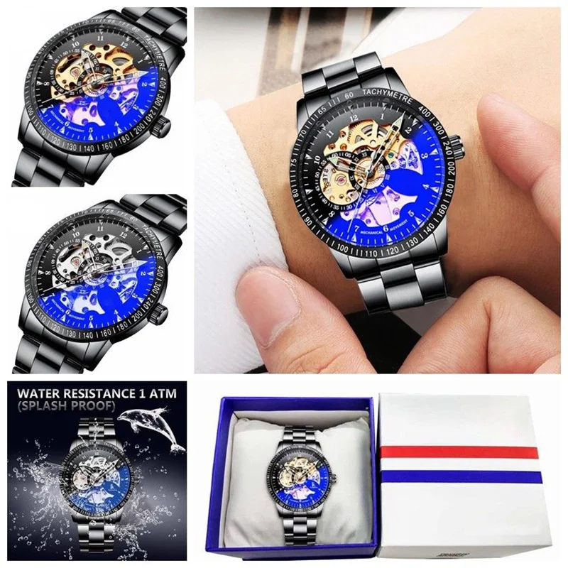 

Luxury Automatic Mechanical Wristwatch Men's Skeleton Gold Steel Stainless Watch