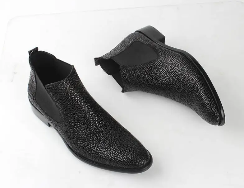 Bottes Talon Cuir Slip On Casual Robe Cheville Bande Black Med De Noir Orteils Pointés Top Chaussures Véritable High Élastique Hommes v0mwNn8O