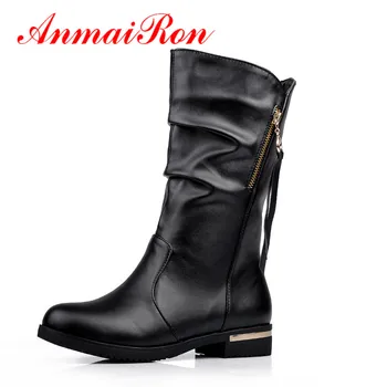 

ANMAIRON Fashion Platforn Women's Shoes Snow Winter Mid-Calf Height Increasing Pleated Women Boots Warm-lining Rubber Rain Booes