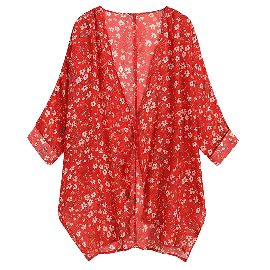 

Feitong Large Size Women Tunic Shirt Fashion Floral Print Long Sleeve Kimono Cardigan Chiffon Loose Beach Blouse camisa feminina