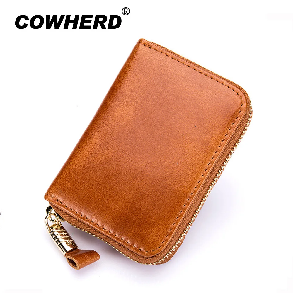 

Oil wax top layer cow leather Women Card Holder Zipper Large Capacity Female ID Credit Card Case Bag Wallet RFID blocking
