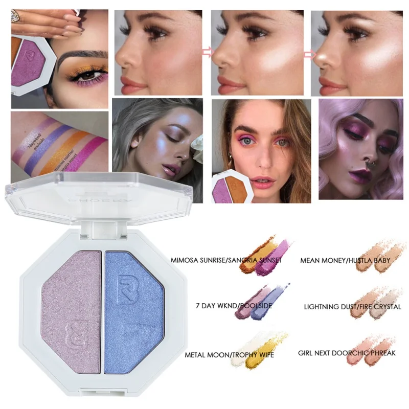 

Double Colors Highlighter Powder Makeup Brighten Skin Color Lasting Bronzer Eyeshadow Pallete Face Pigmented Make Up Cosmetics