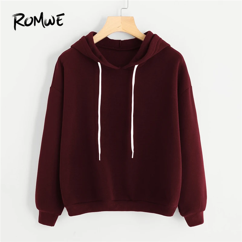 ROMWE Sweatshirt Women Drop Shoulder Basic Hoodies Burgundy Plain Tops 2018 Fall Womens Long Sleeve Drawstring Sweatshirts