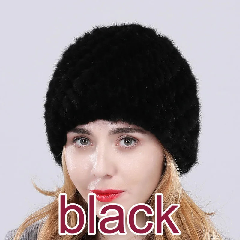 new arrival women real mink fur hat classic knitted genuine mink cap elastic warm brand wool lining thick fashion - Цвет: black