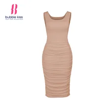 Sleevess Dress Women Summer Solid Color Sheath Slim Ladies Party O Neck Casual Ruched Bodycon Pencil Dress Bubblekiss