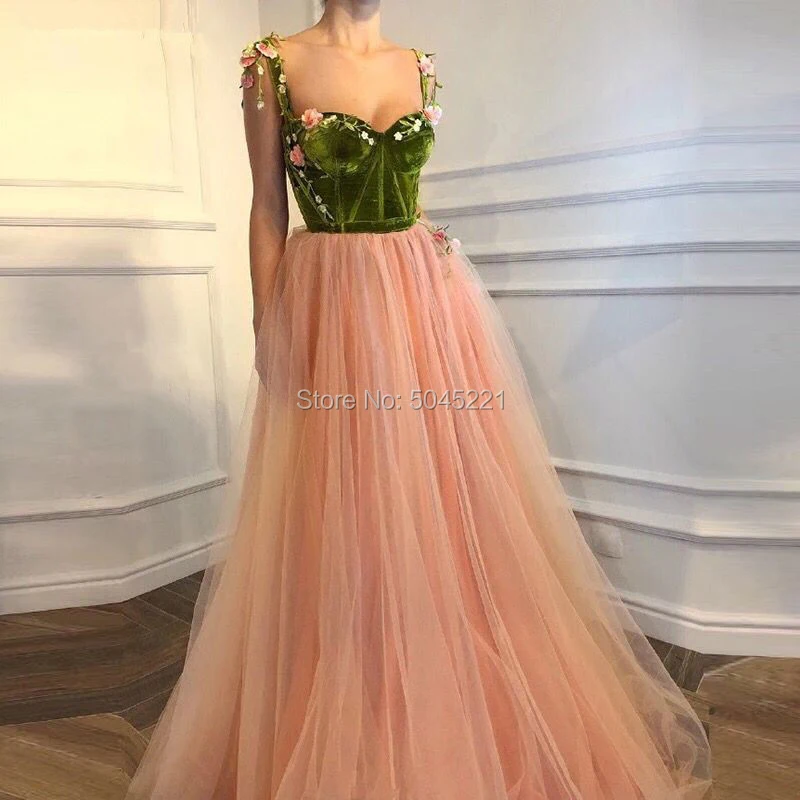 

Abendkelider Long Tulle Evening Dresses Vestido de Festa 2019 Sleeveless Green Stain Dubai Formal A Line Prom Party Gown Arabic