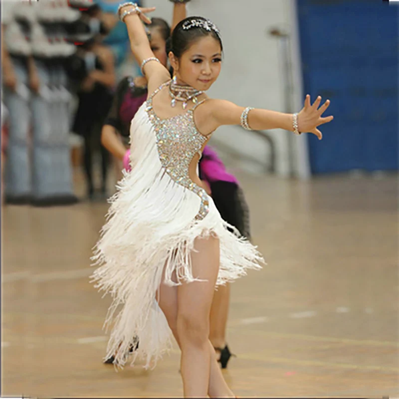 Платье для латинских танцев для девочек, белые стразы с кисточками, танго, ча-Самба, костюмы для соревнований, бальных танцев, платье для детей, DN1033