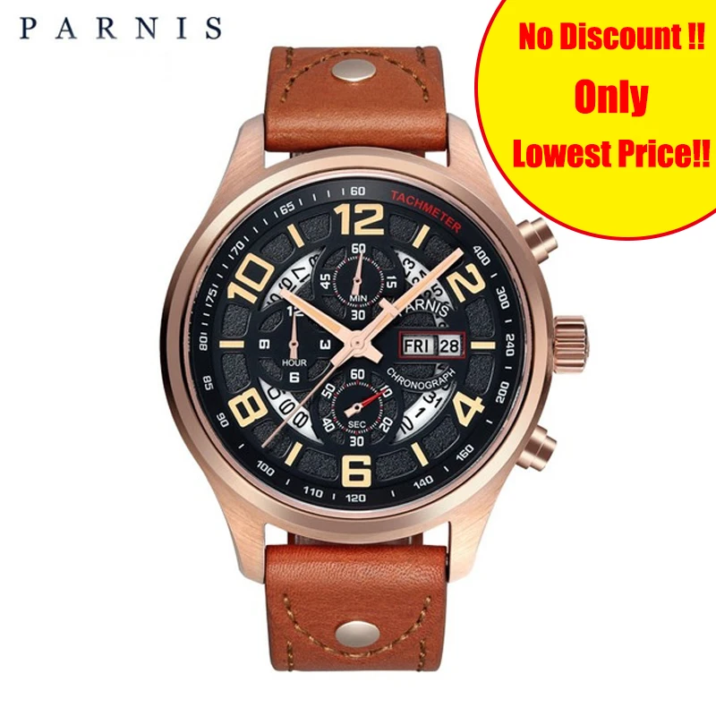 buy Parnis Fashion Man Watch 43mm Rose Gold Case Japanese Quartz Orange Number Men Wristwatch Black Leather Men #039;s Watches Gift Clock