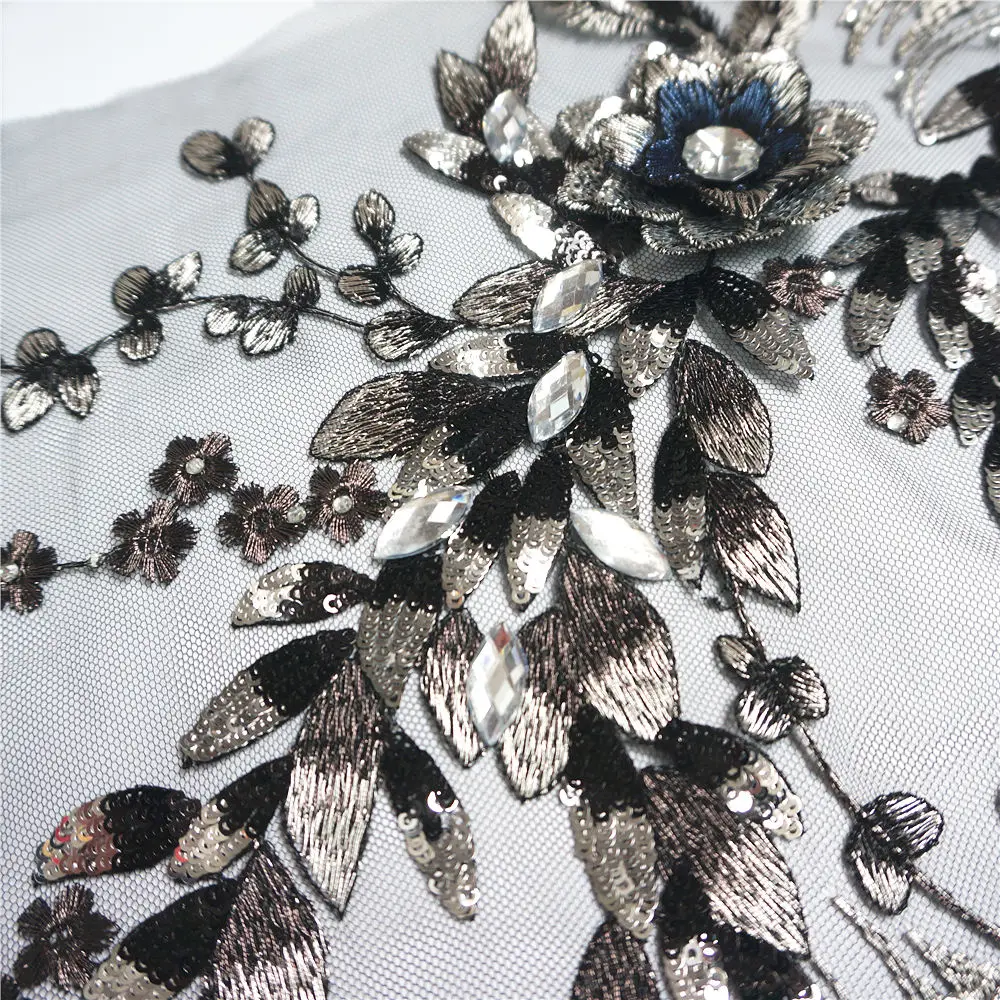 Черный синий Ткань 3D цветы бусины пайетки стразы аппликации вышивка кружева отделка сетка пришить патч для свадебного платья DIY
