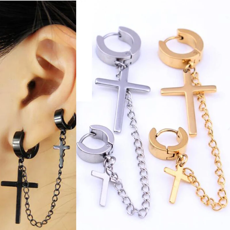 

1 Piece Huggie Earring Chain Tassels Cross Stainless Steel Crosses Earring Men boy girl Rock Earrings Cosplay Stud Earring