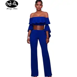 Новинка 2017 рюшами Belted Wide Leg Jumpsuit летние пикантные с открытыми плечами Комбинезоны для малышек Для женщин S комбинезон Комбинезоны для