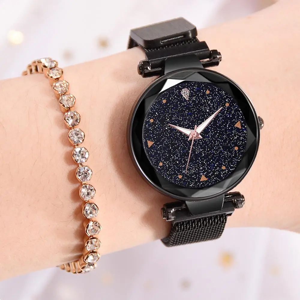 

New trendy magnet clasp fashion women wrist watches stainless steel strap starry rhinestone casual quartz watch female watches