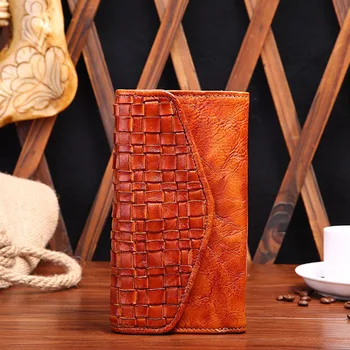 

Vegetable Tanning 2019 Handmade Wallet for Women Knitted Vintage Clutch Purse Cell Phone Pocket Genuine Leather retro wallets